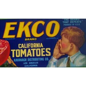 Ekco Tomatoes Crate Label Young Yelling Boy Mountain Original Vintage 1930's